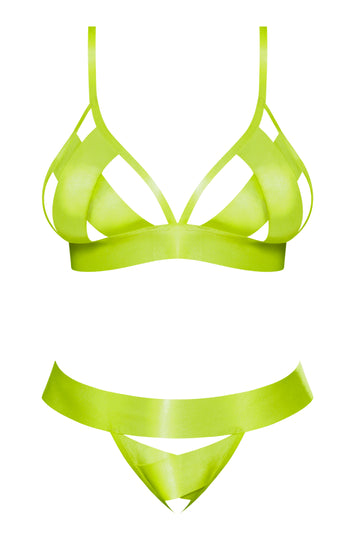 Strap Tease Bra & Crotchless Panty Neon Yellow